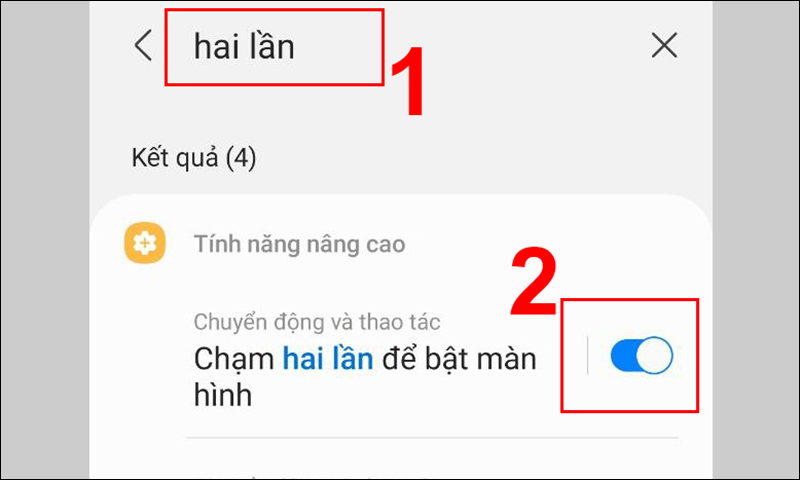 Tìm chế độ Chạm 2 lần mở màn hình ở ô Tìm kiếm